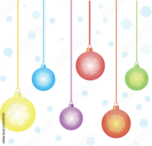 New year holiday balls with snowflakes vector illustration isolated over white background