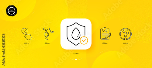 Chemical formula, Checkbox and Rfp minimal line icons. Yellow abstract background. Question mark, Waterproof icons. For web, application, printing. Chemistry, Approved, Request for proposal. Vector