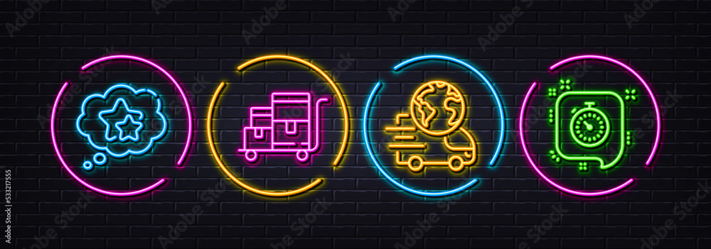 Ranking stars, Delivery service and Inventory cart minimal line icons. Neon laser 3d lights. Timer icons. For web, application, printing. Winner award, International parcel, Warehouse goods. Vector