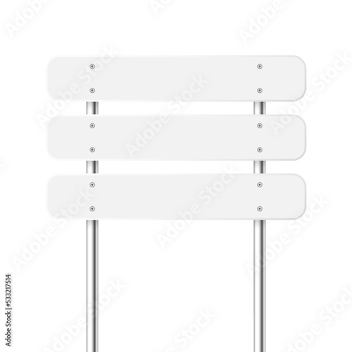 Road, traffic sign. Highway signboard on a chrome metal pole. Blank white board with place for text. Directional signage and wayfinder. Information sign mockup. Vector illustration.