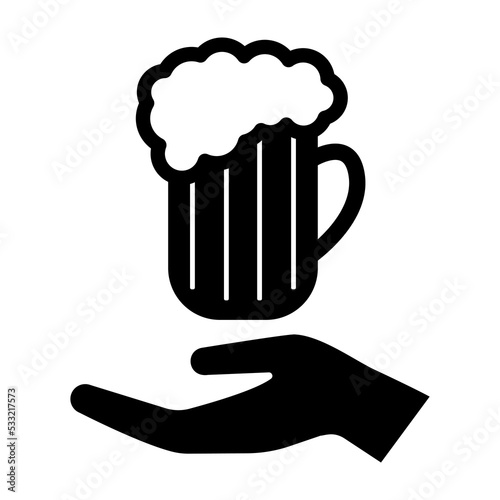 Hand and mug icon. Serving of glass mug of beer with frothy foam . Vector Illustration