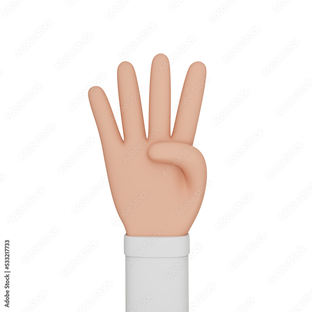 3d rendering of hand with raised index, middle, ring and pinky fingers, indicating number 4, with transparent background. 3d rendering of hand with raised index, middle, ring and pinky fingers, indicating number 4, with transparent background.