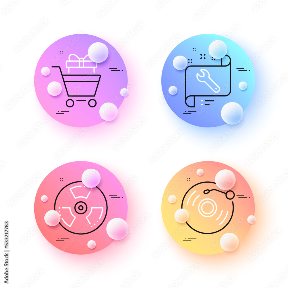 Spanner, Chemical hazard and Shopping trolley minimal line icons. 3d spheres or balls buttons. Vinyl record icons. For web, application, printing. Repair service, Toxic, Sale gift. Retro music. Vector
