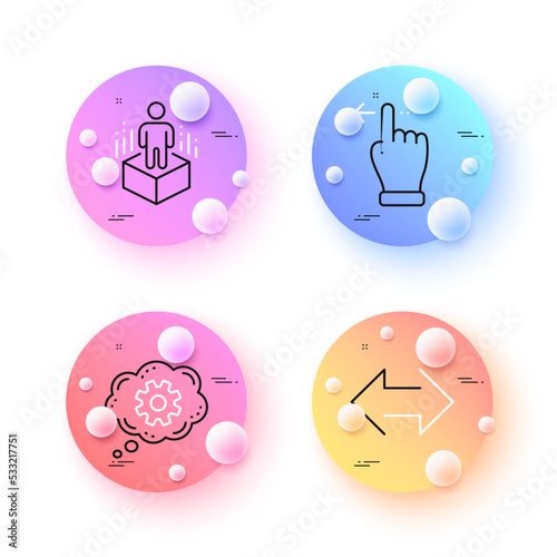 Cogwheel, Sync and Augmented reality minimal line icons. 3d spheres or balls buttons. Touchscreen gesture icons. For web, application, printing. Engineering tool, Synchronize, Virtual reality. Vector