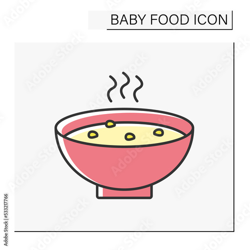 Children nutrition color icon. Hot tasty vegetable soup. Healthy menu. Baby food concept. Isolated vector illustration