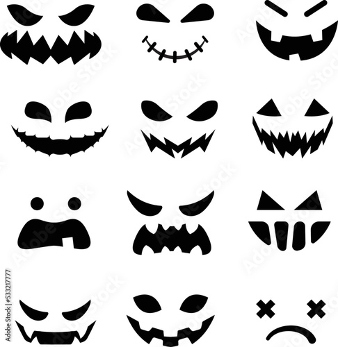 Vector Scary faces, spooky Halloween emojis, Horror characters. Evil dark pumpkin monsters.