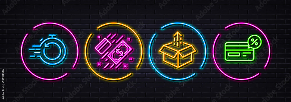 Payment, Fast recovery and Send box minimal line icons. Neon laser 3d lights. Cashback icons. For web, application, printing. Money, Backup timer, Delivery package. Non-cash payment. Vector Payment, Fast recovery and Send box minimal line icons. Neon laser 3d lights. Cashback icons. For web, application, printing. Money, Backup timer, Delivery package. Non-cash payment. Vector