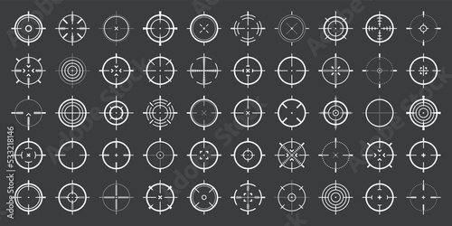 Crosshair, gun sight vector icons. Bullseye, target or aim symbol. Military rifle scope, shooting mark sign. Targeting, aiming for a shot. Archery, hunting and sports shooting. Game UI element.