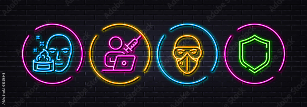 Medical mask, Vaccination appointment and Face cream minimal line icons. Neon laser 3d lights. Shield icons. For web, application, printing. Protection glasses, Online schedule, Gel. Vector