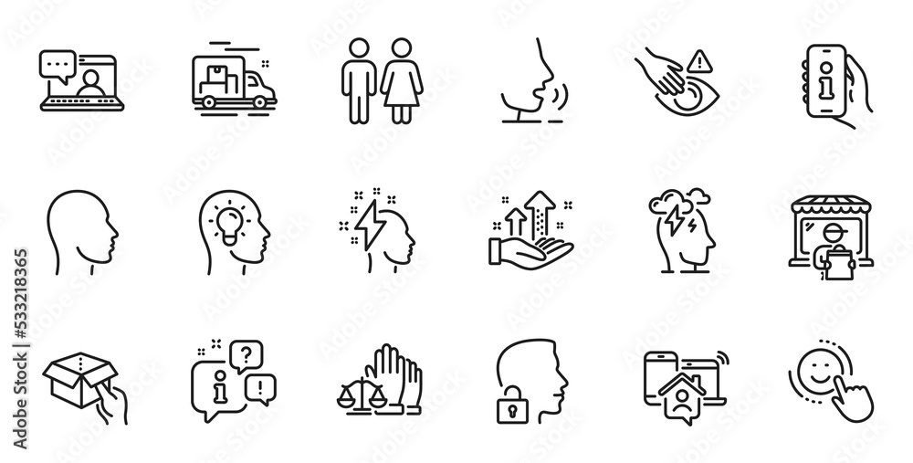 Outline set of Smile, Analysis graph and Friends chat line icons for web application. Talk, information, delivery truck outline icon. Include Brainstorming, Restroom, Idea head icons. Vector