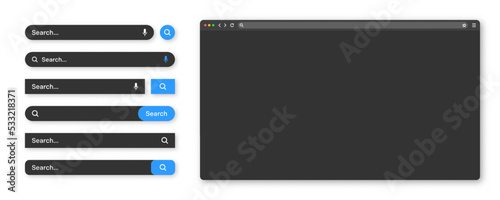 Blank internet browser window with various search bar templates, dark mode. Web site engine with search box, address bar and text field. UI design, website interface elements. Vector illustration