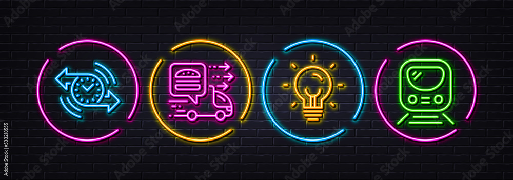 Timer, Energy and Food delivery minimal line icons. Neon laser 3d lights. Metro icons. For web, application, printing. Stopwatch, Lightbulb, Delivery truck. Transit journey. Vector Timer, Energy and Food delivery minimal line icons. Neon laser 3d lights. Metro icons. For web, application, printing. Stopwatch, Lightbulb, Delivery truck. Transit journey. Vector