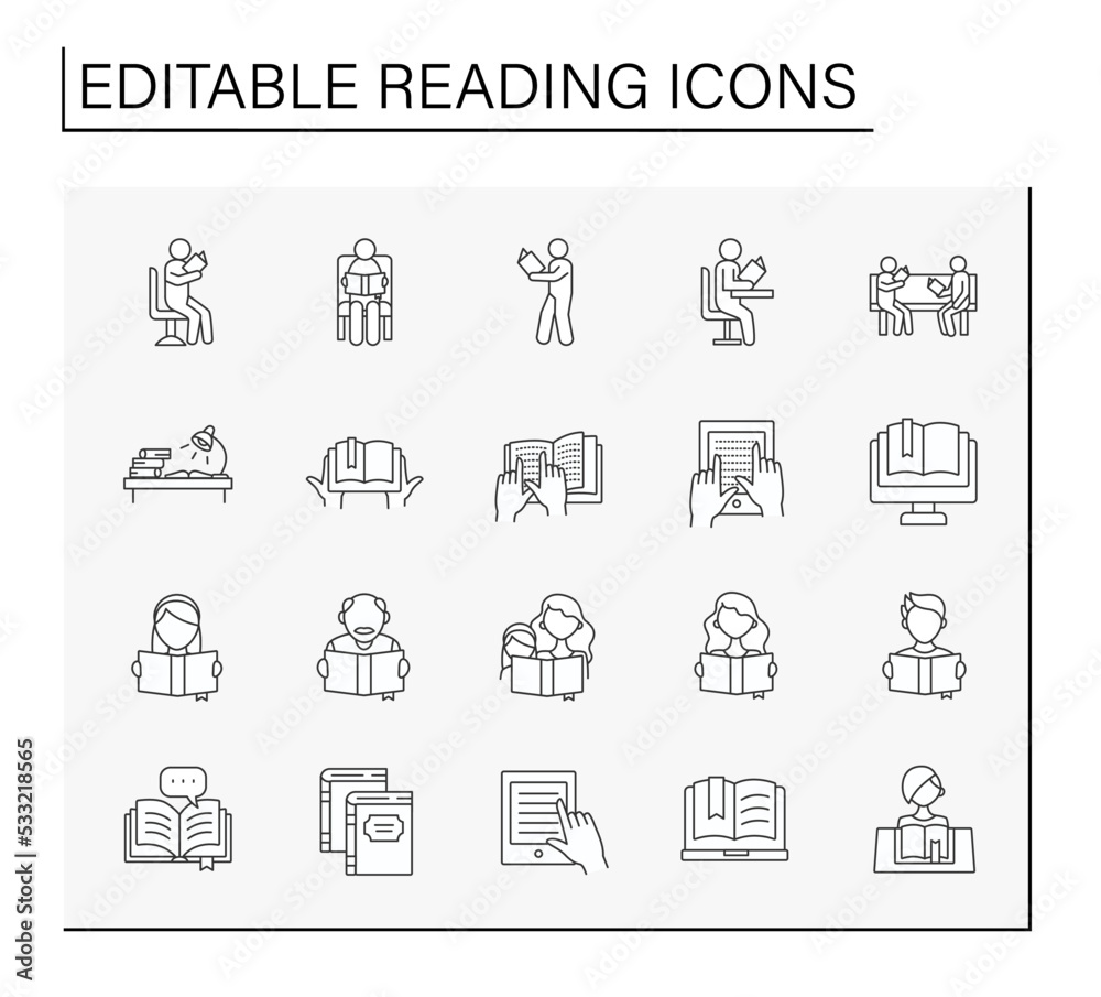 Reading line icons set. Process of acquiring skills and knowledge. Lesson at library. Reading concept. Isolated vector illustrations. Editable stroke