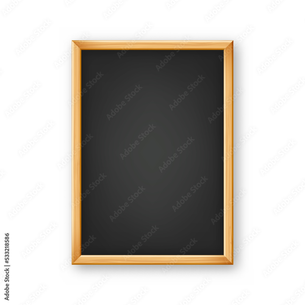 Realistic blank chalkboard in a wooden frame. School blackboard with traces of chalk, writing surface for text or drawing. Presentation board, online studying and e-learning. Vector illustration