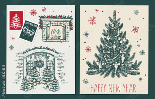 Christmas tree, toys, hand drawn style, vector illustration	

