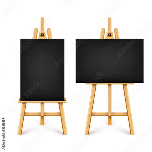 Realistic paint desk with blank black canvas. Wooden easel and a sheet of drawing paper. Presentation board on a tripod. Artwork mockup, template. Vector illustration