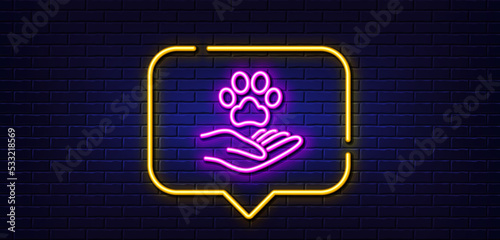 Neon light speech bubble. Pets care line icon. Veterinary clinic sign. Dog health symbol. Neon light background. Pets care glow line. Brick wall banner. Vector