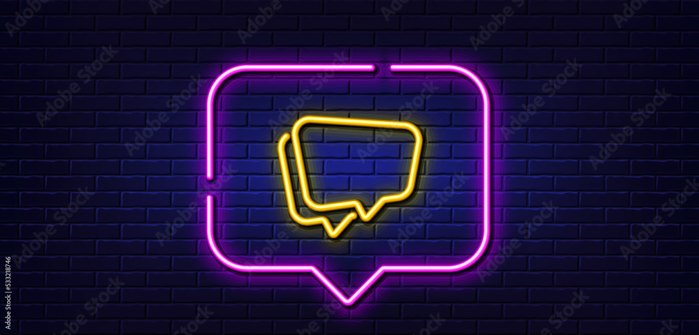 Neon light speech bubble. Speech bubble line icon. Chat sign. Social media message symbol. Neon light background. Speech bubble glow line. Brick wall banner. Vector Neon light speech bubble. Speech bubble line icon. Chat sign. Social media message symbol. Neon light background. Speech bubble glow line. Brick wall banner. Vector