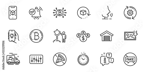 Outline set of Download photo, Parking garage and Cogwheel line icons for web application. Talk, information, delivery truck outline icon. Vector