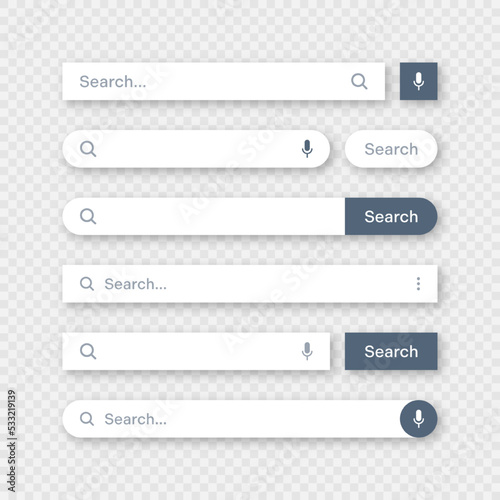 Various search bar templates. Internet browser engine with search box, address bar and text field. UI design, website interface element with web icons and push button. Vector illustration