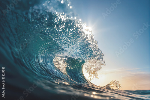 Colorful surfing colored ocean wave, Sunset light, Sea water beautiful sky on background, 3d illustration.