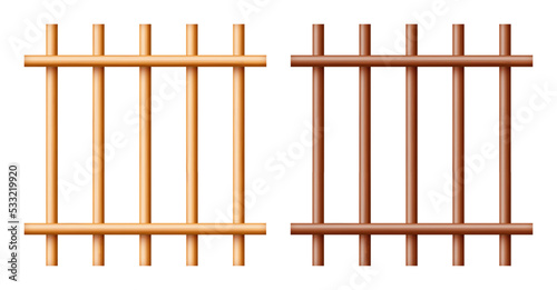 Realistic wooden lattice  rural picket fence. Farm or village house boundary  garden enclosing planks. Detailed wooden jail cage. Criminal background mockup. Creative vector illustration