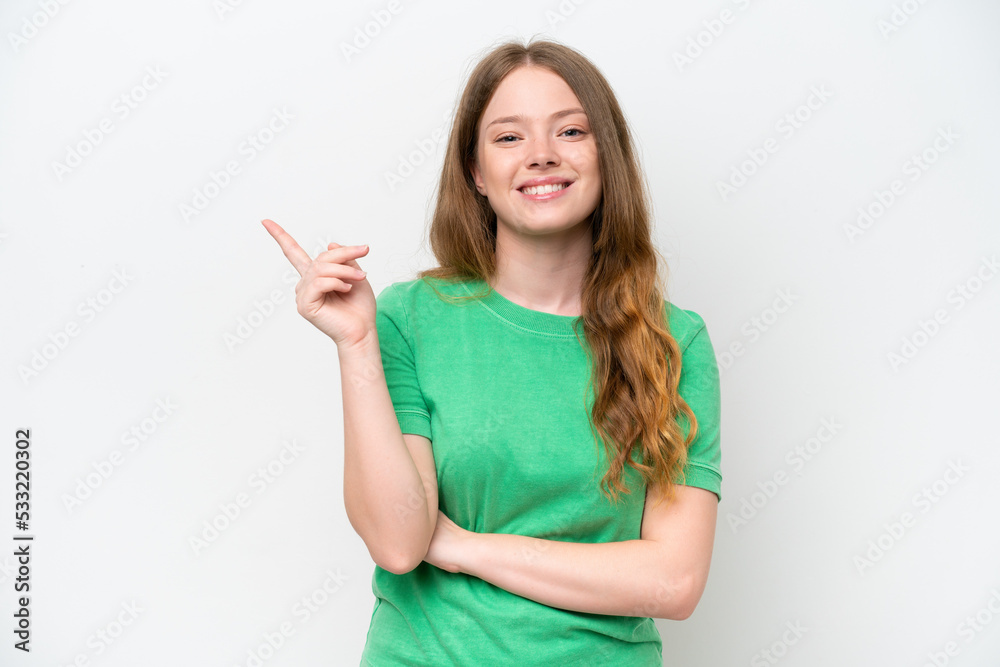 Young pretty woman isolated on white background happy and pointing up Young pretty woman isolated on white background happy and pointing up
