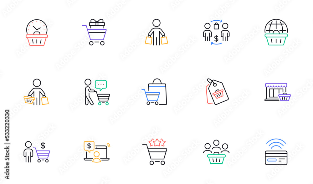 Buyer customer line icons set. Contactless payment card, shopping cart and group of people. Store, buyer loyalty card, client ranking set icons. Shopping timer, online payment, currency. Vector
