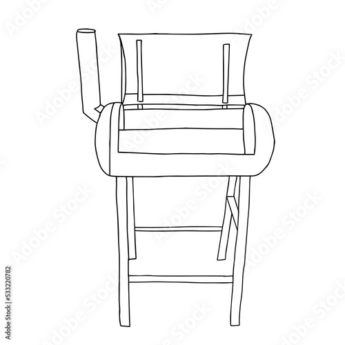 Black hand drawing outline illustration of a metal grill is standing on a white background