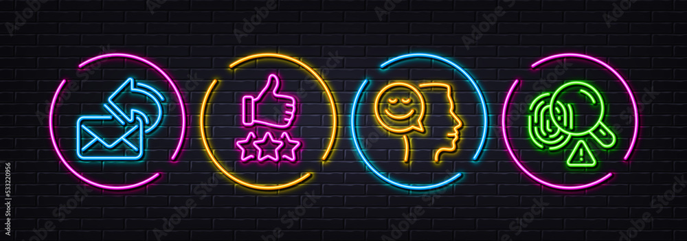 Good mood, Rating stars and Share mail minimal line icons. Neon laser 3d lights. Fingerprint icons. For web, application, printing. Positive thinking, Thumb up, New e-mail. Biometric scan. Vector Good mood, Rating stars and Share mail minimal line icons. Neon laser 3d lights. Fingerprint icons. For web, application, printing. Positive thinking, Thumb up, New e-mail. Biometric scan. Vector
