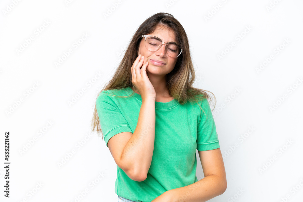Young caucasian woman isolated on white background with toothache Young caucasian woman isolated on white background with toothache