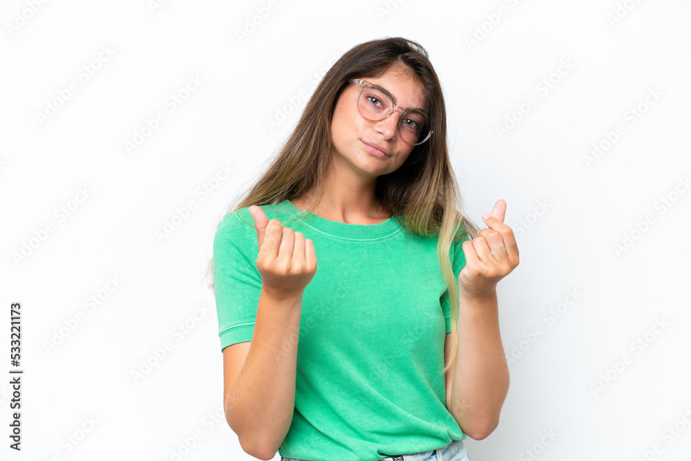Young caucasian woman isolated on white background making money gesture but is ruined Young caucasian woman isolated on white background making money gesture but is ruined