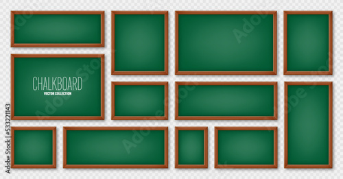 Realistic various chalkboards in a wooden frame. Green restaurant menu board. School blackboard, writing surface for text or drawing. Blank advertising or presentation boards. Vector illustration
