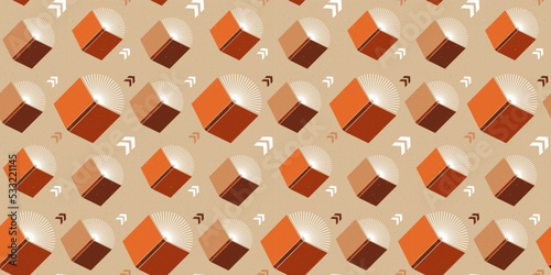 Pattern with open books flying with arrows. Background with textures. Seamless pattern with red and brown books for a library, school, education theme. 