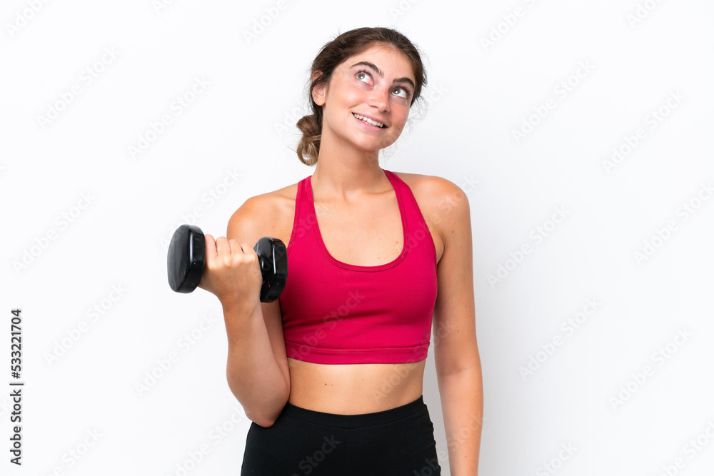 Young sport caucasian woman making weightlifting isolated on white background thinking an idea while looking up Young sport caucasian woman making weightlifting isolated on white background thinking an idea while looking up