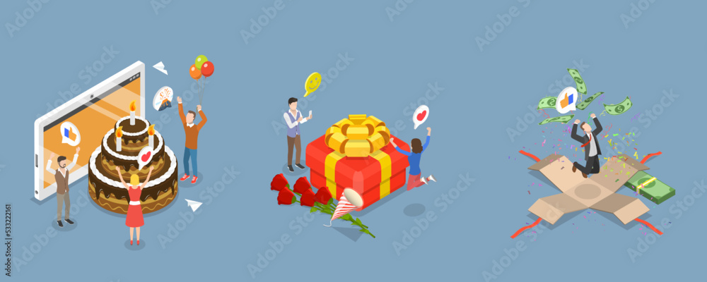 Naklejka premium 3D Isometric Flat Vector Conceptual Illustration of Celebrating Set, Happy and Cheerful People