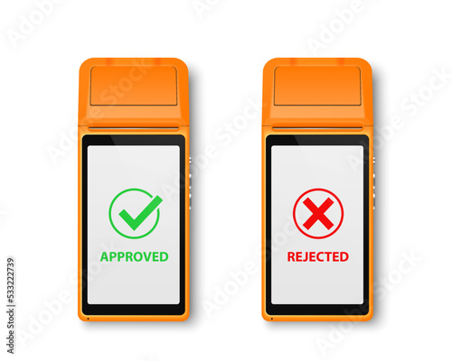 Vector 3d NFC Payment Machine with Approved and Rejected Status Isolated. Wi-fi, Wireless Payment. POS Terminal, Machine Design Template of Bank Payment Contactless Terminal. Top VIew