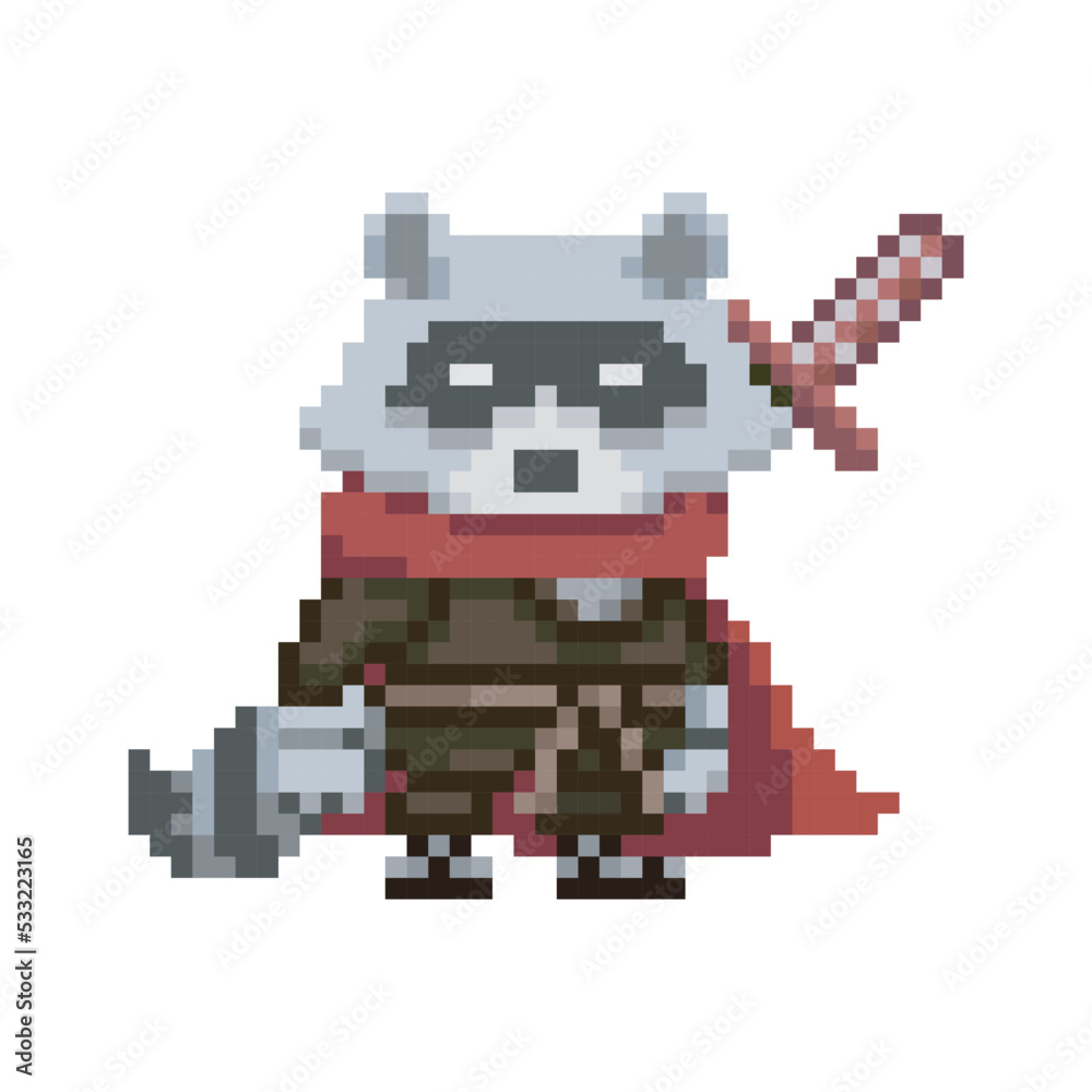 Fototapeta premium Ninja raccoon, pixel art illustration
