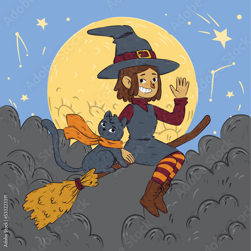 hand drawn halloween with witch vector design illustration
