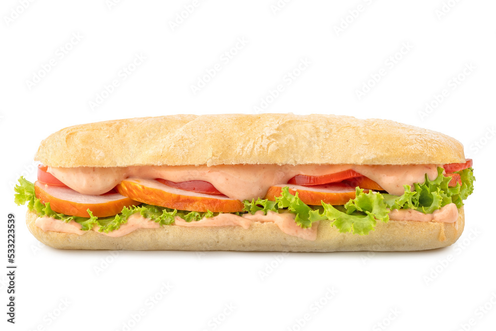 Big Ciabatta Sandwich with Bacon, Lettuce, Tomato and Sauces isolated on white background Big Ciabatta Sandwich with Bacon, Lettuce, Tomato and Sauces isolated on white background