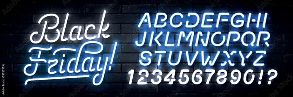 Vector realistic isolated neon sign of Black Friday text with easy to change color alphabet font on the wall background.