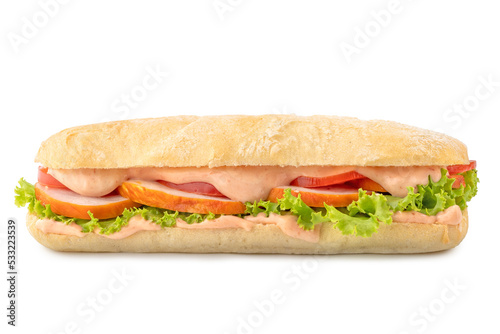 Big Ciabatta Sandwich with Bacon, Lettuce, Tomato and Sauces isolated on white background