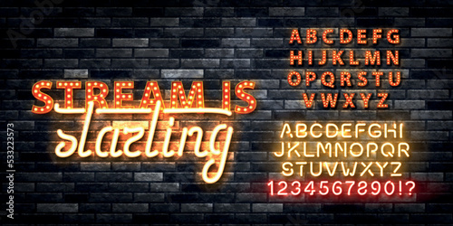 Vector realistic isolated neon marquee sign of Stream Is Starting logo with easy to change color alphabet font on the wall background. Concept of live streaming.
