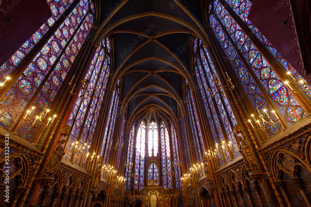 Stained glass windows inside the Sainte Chapelle a royal Medieval chapel in Paris. Stained glass windows inside the Sainte Chapelle a royal Medieval chapel in Paris.