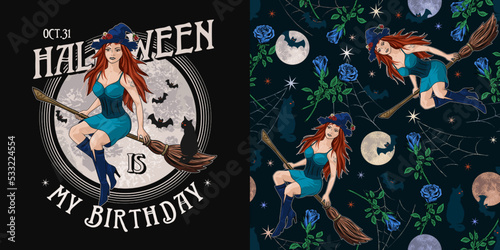 Set of halloween pattern, label with young beautiful witch flying on broomstick, silhouette of cat, bats, full moon, stars, blue roses. text. Colorful illustration in vintage style.