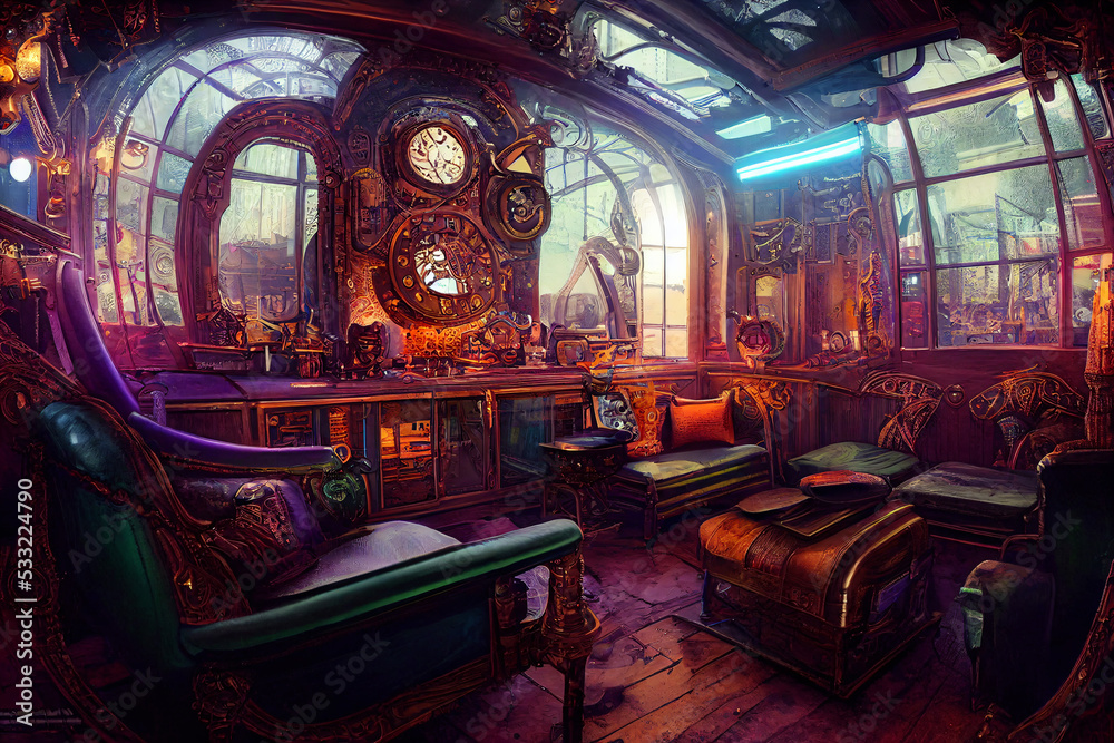 steampunk interior, cyberpunk club with neon lights, fantasy retro