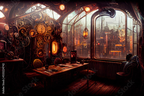 steampunk interior, cyberpunk club, fantasy retro bar, fictional interior created with generative ai