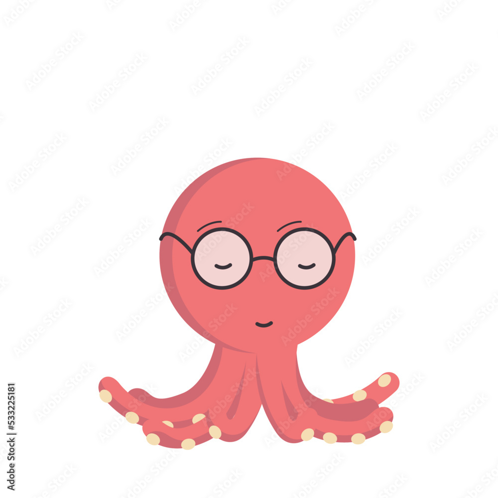 Illustration of a cartoon minimalistic character, a red octopus wearing glasses with closed eyes and folded tentacles. Colored vector flat illustration isolated on white background. Illustration of a cartoon minimalistic character, a red octopus wearing glasses with closed eyes and folded tentacles. Colored vector flat illustration isolated on white background.