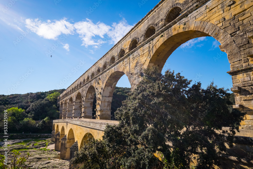 Roman aqueduct Pont du Gard and natural park in Languedoc, France