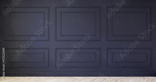 Klasyczne wnętrze z czarną ścianą, listwami i drewniana podłogą. 3d render ilustracja mockup